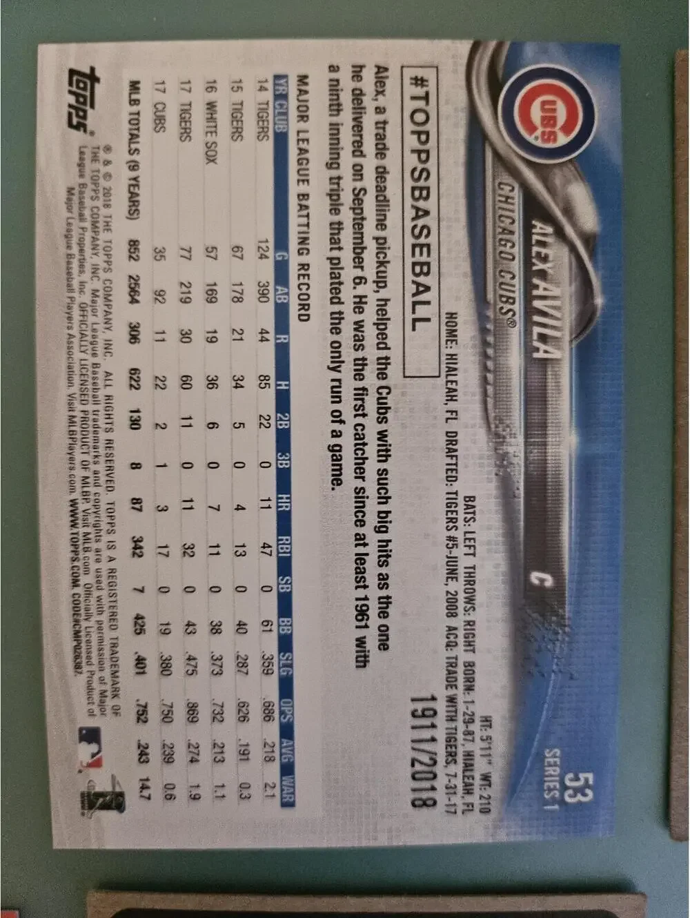2018 Topps Foil limited #53 - Alex Avila 1911/2018-  Baseball - RAW Mint - Picture 2 of 2